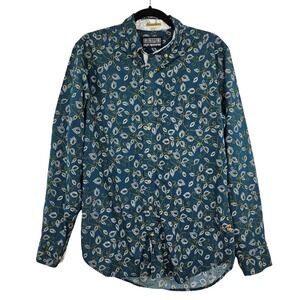 Reyn Spooner Men's Long Sleeve Button Up Shirt Aloha Leaf Print‎ Blue Medium